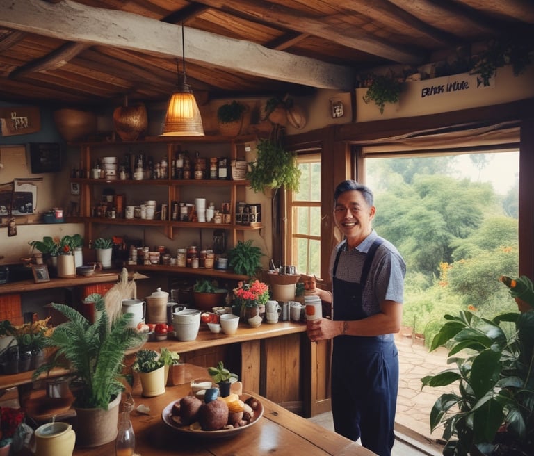 A warm, sunlit coffee farm in Colombia with ripe coffee cherries on the branches and a rustic farmhouse in the background.