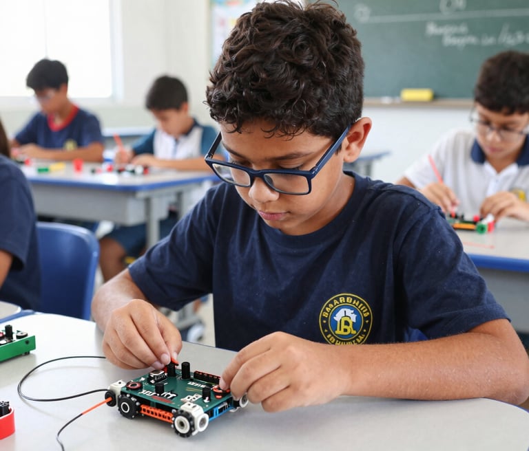 A warm classroom scene with diverse students engaged in hands-on computer and Arduino learning.