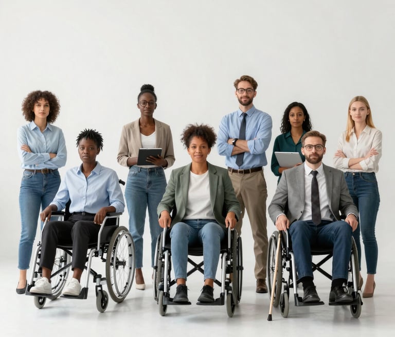 A diverse group of professionals with disabilities collaborating happily in a modern office space.