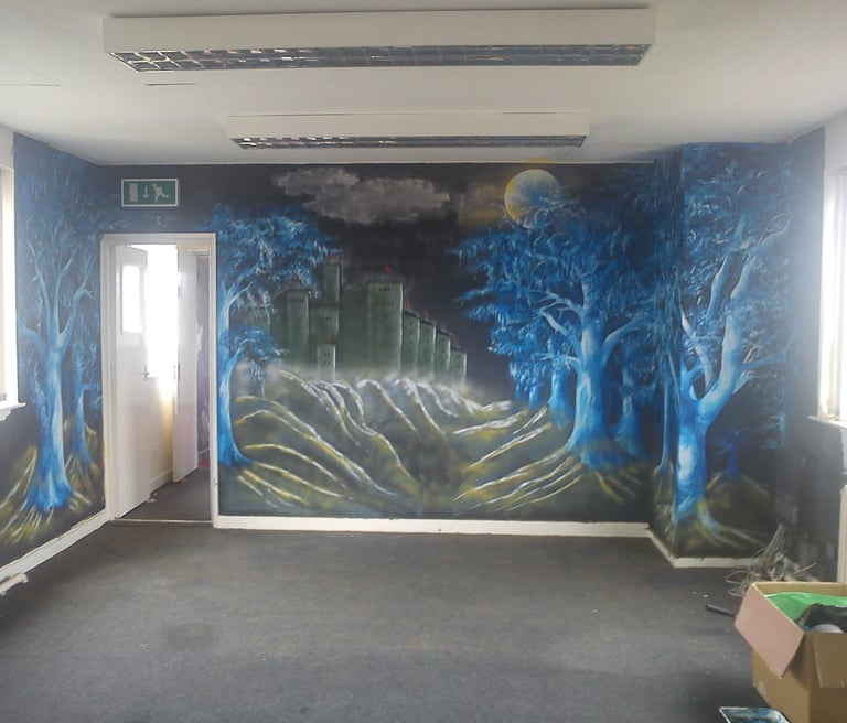 Mystical Mural by artist Jen Manning in disused building