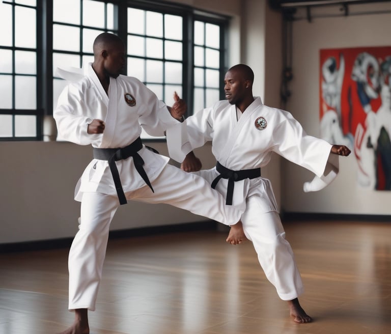 A dynamic martial arts training session with students practicing in a modern dojo setting.