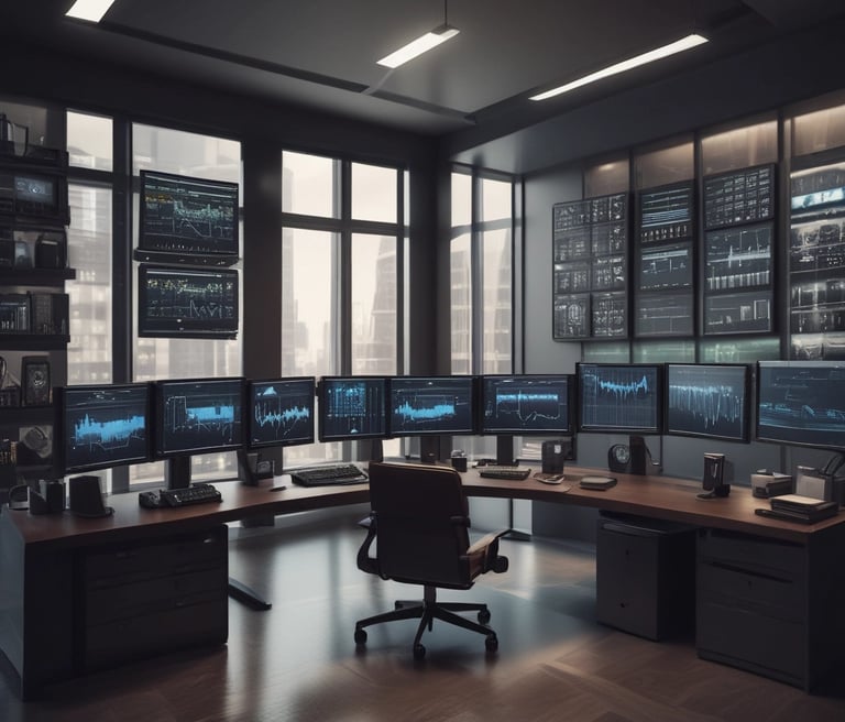 A stylish black-and-gold themed workspace with multiple screens displaying forex and crypto charts.