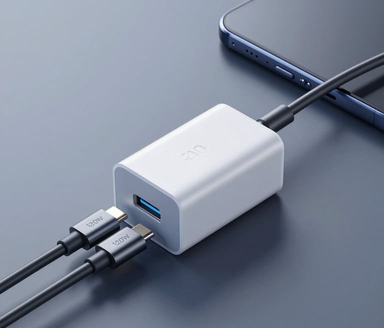 A sleek, glowing zelvix™ fast charger resting on a dark surface with electric blue neon accents highlighting its futuristic design.