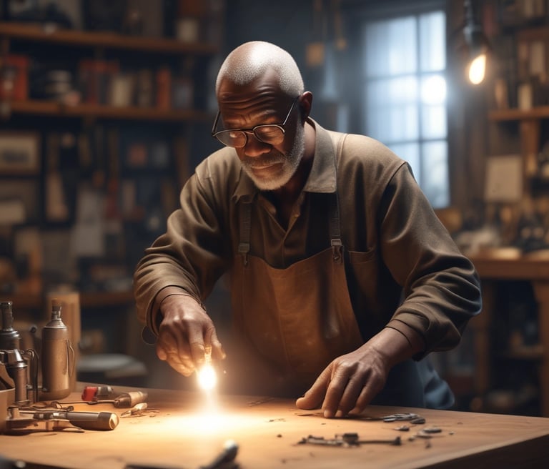 A cozy room softly lit by a handcrafted jla collective LED lamp made of wood and metal.