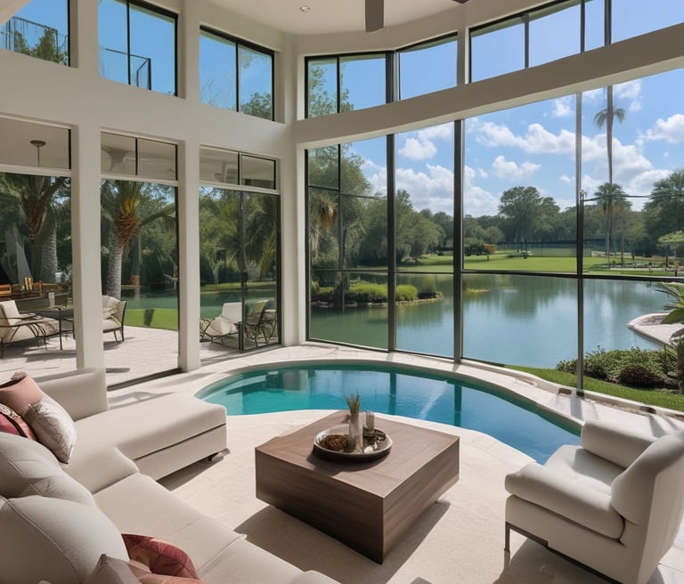 A bright, spacious Florida home interior showcasing elegant high-end furnishings and modern appliances.