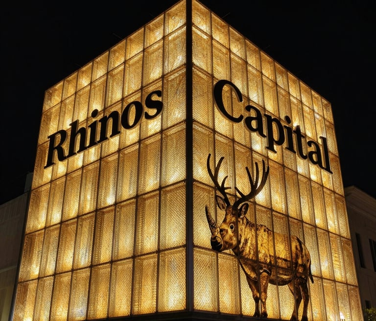 A sleek, modern luxury building framed by a sturdy rhinoceros sculpture symbolizing strength and stability.