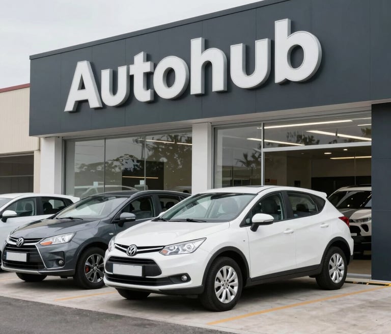 A sleek, modern showroom interior with a selection of polished used cars under soft lighting.