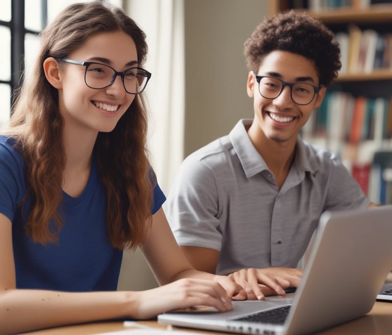 A friendly tutor engaging with a student over a laptop in a cozy home office.