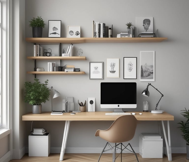 A sleek workspace with deep teal and burnt orange accents, showing a marketing consultant reviewing property and corporate branding materials.