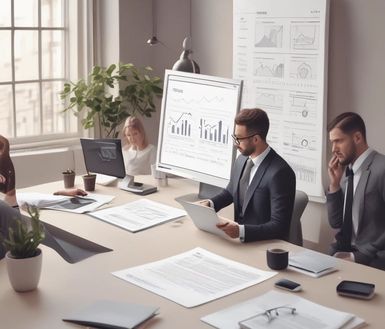 A friendly team of consultants collaborating around a table with laptops and notes, bathed in natural light.