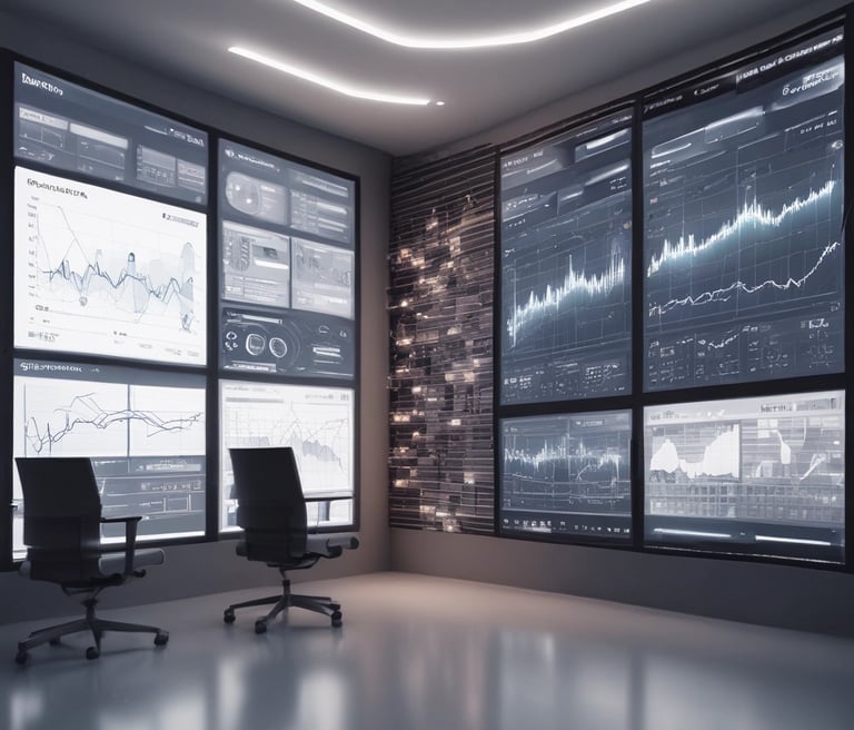 A sleek, futuristic workspace with holographic AI interface screens glowing softly.