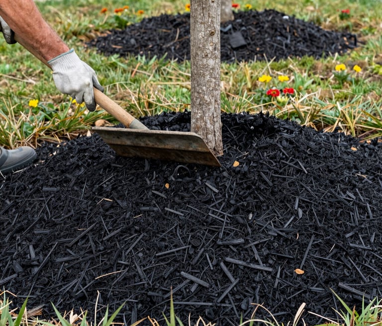 A sturdy dump truck unloading rich, fresh mulch onto a well-prepared flower bed in a sunny suburban yard.