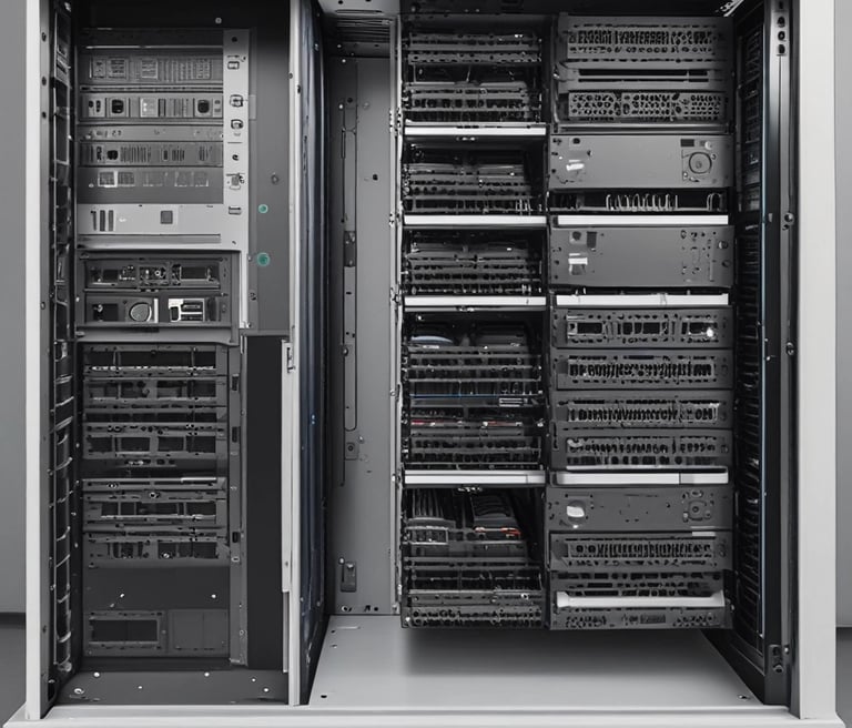 Technician installing network equipment in a modern server room with neatly organized cables and hardware.