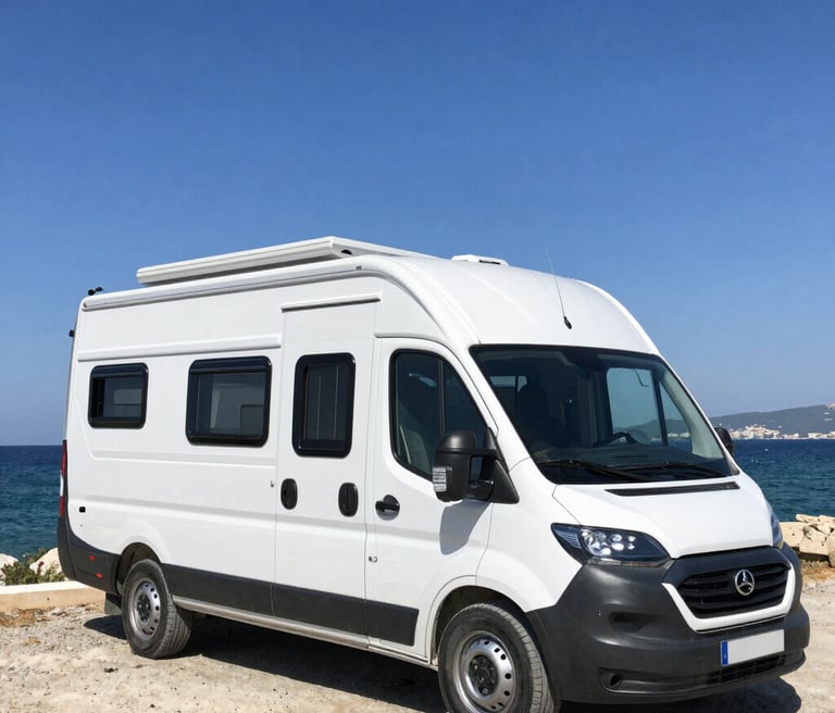 A skilled craftsman fitting custom interiors inside a motor caravan under warm natural light.