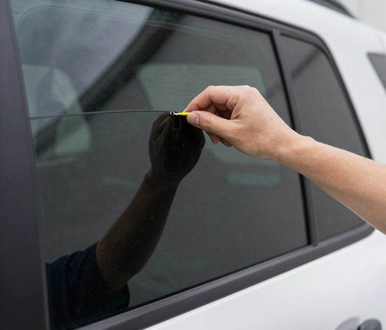 A skilled technician carefully applying window tint film to a sleek black car under bright workshop lights.