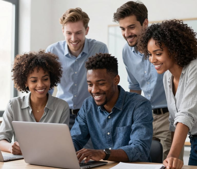 A diverse group of young professionals collaborating enthusiastically around a laptop in a bright, modern workspace.