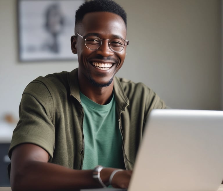 Team members collaborating over laptops in a bright, modern office space with Senegalese cityscape visible through the window.