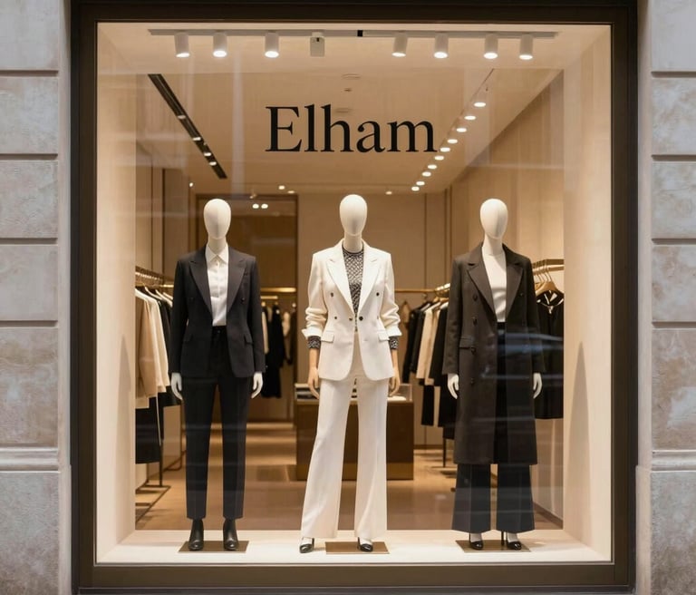 Elegant storefront of Elham Luxe trading company in Dubai with stylish displays of handbags and perfumes.