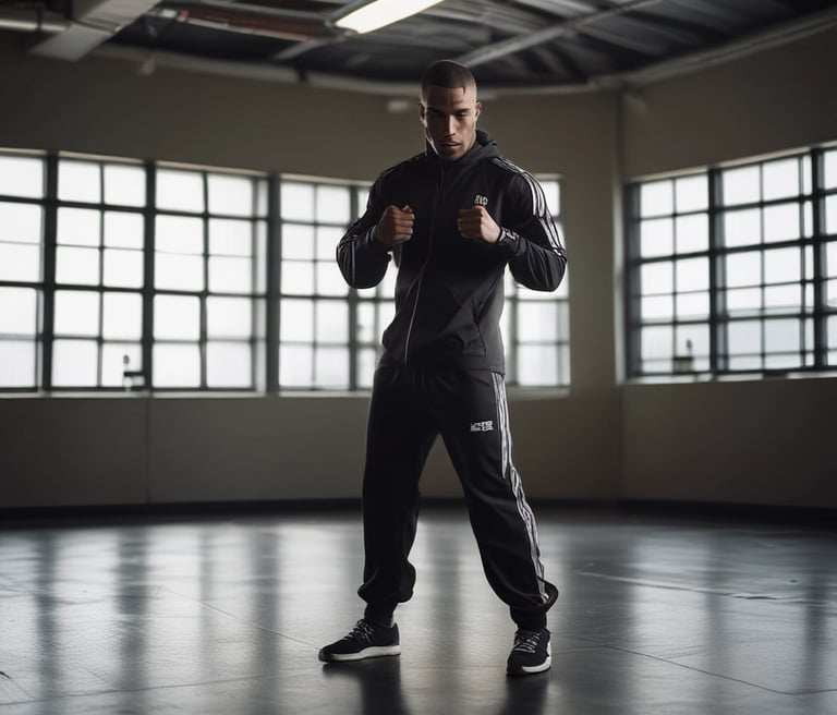 A dynamic photo of a fitness influencer mid-workout, glowing with energy against a clean, bright background.