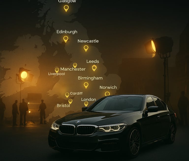UK map with glowing city markers and a black car in front, representing nationwide film transport co