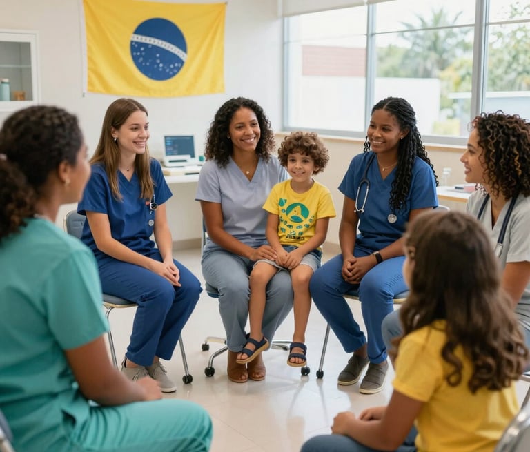 A warm and vibrant photo of a group of children and professionals engaging in a joyful therapeutic activity outdoors.