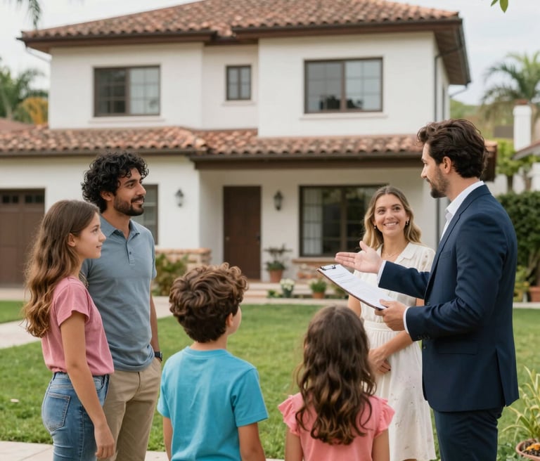 A professional real estate advisor warmly shaking hands with a happy property owner in a modern office.
