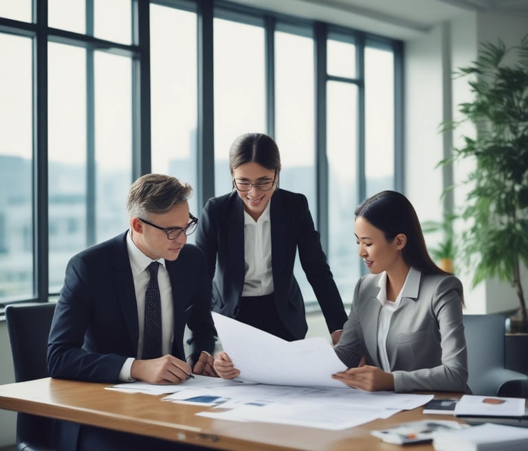 A professional consultant discussing market strategies with a Japanese startup team in a modern office setting.
