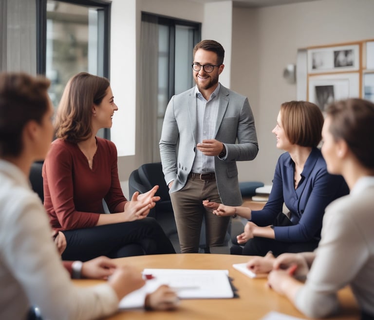 A warm, professional photo of a leadership coaching session in progress, showing engaged clients and a confident coach.