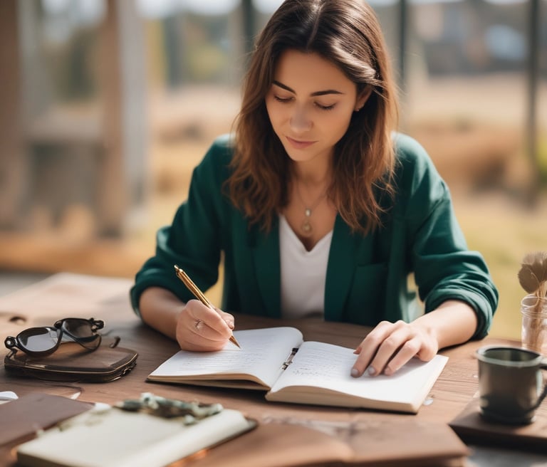 A cozy workspace featuring olive green and terracotta stationery items, including journals and bookmarks, bathed in soft natural light.