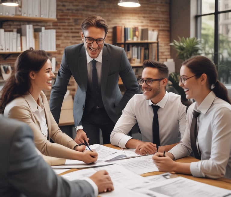 A professional team collaborating around a table with documents and laptops in a bright office.