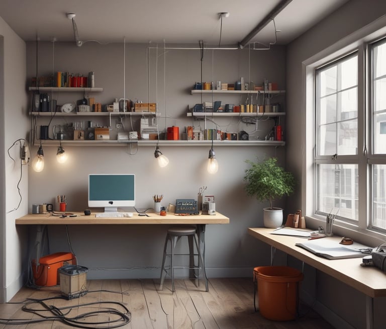 A skilled handyman fixing a light fixture in a cozy living room.