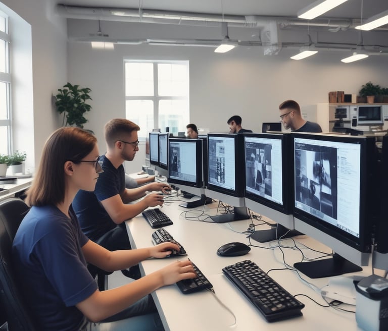 Team of IT professionals working together in a modern office setting with computers and Odoo software on screens.