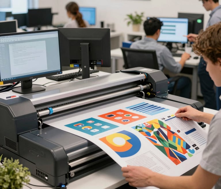 A vibrant workshop with designers crafting illuminated signs and 3D letters under warm lighting.