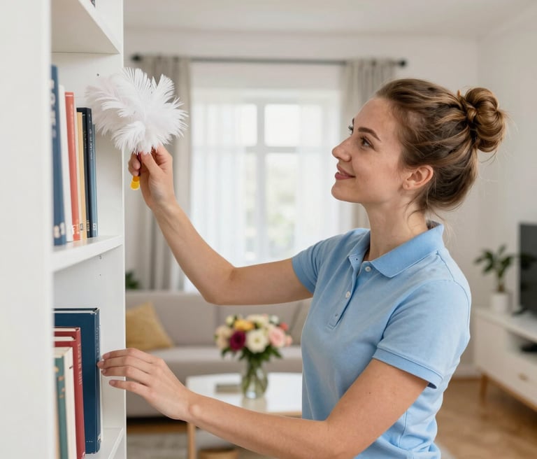 A friendly cleaner in a bright Applecross home, carefully dusting a living room shelf.