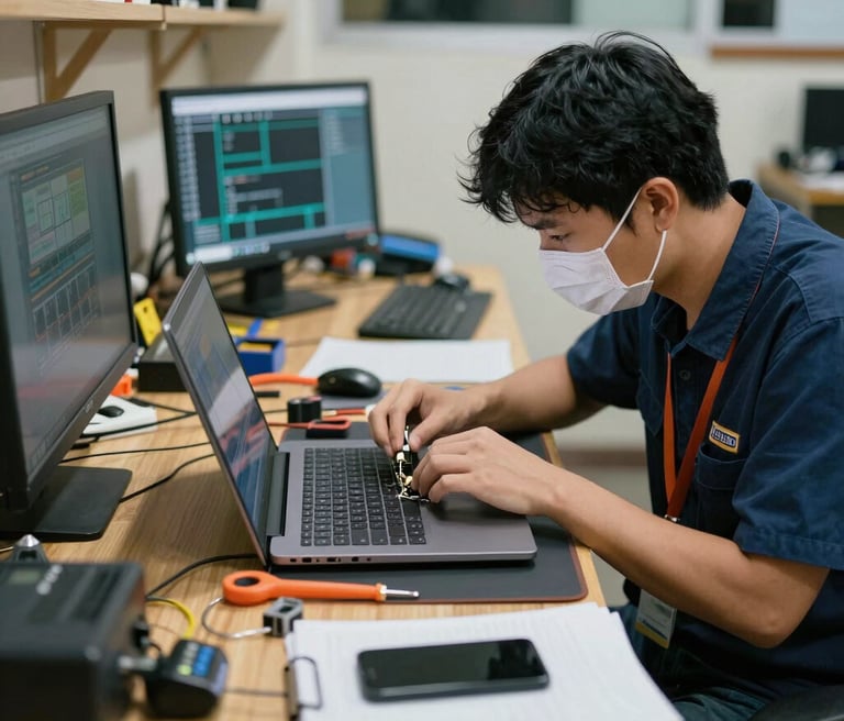 Technician repairing a laptop with various computer and network tools around in a cozy Jakarta workshop.