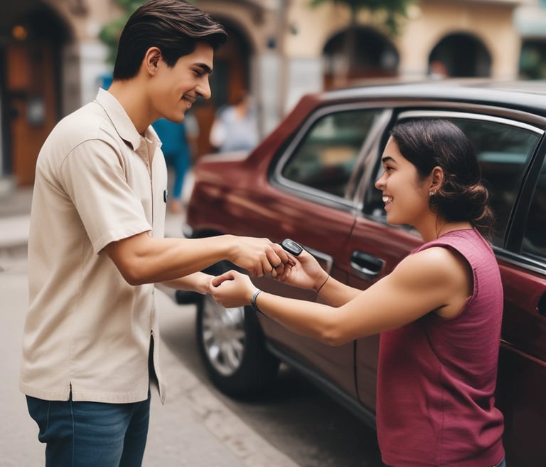 A friendly locksmith from Fobulus Keys working on a car door with specialized tools in a sunny driveway.