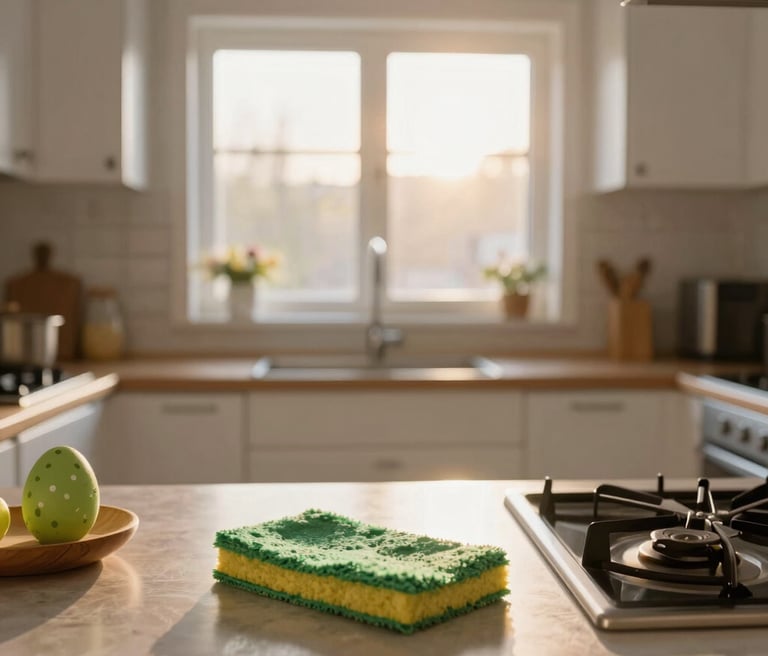 A gleaming modern kitchen bathed in warm sunset light, showcasing pristine countertops and sparkling surfaces.