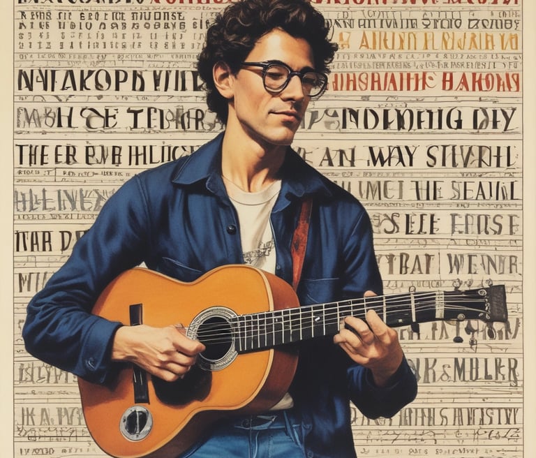 A warm, inviting workspace with colorful art prints and vinyl records scattered around.