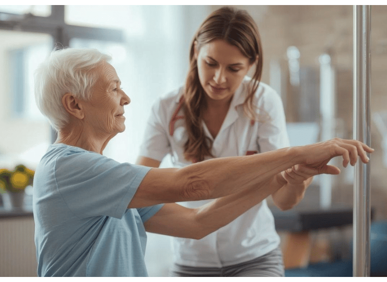 Physiotherapist helping an elderly woman with arm exercises.