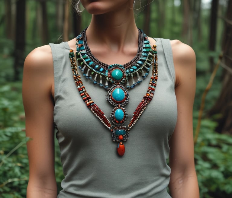 Mujer que lleva un collar boho hecho a mano con piedras turquesas y cuentas tribales en un bosque.