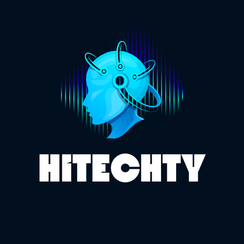 HITECHTY logo with blue tech head and digital signal bars on dark background.