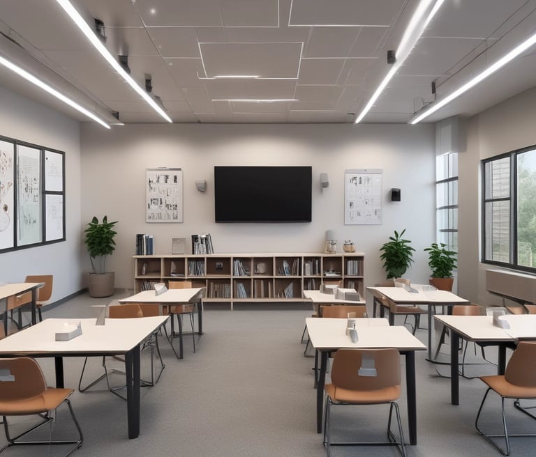 A sleek, modern workspace bathed in golden light, featuring a high-tech device alongside calming natural elements like plants and soft fabrics.