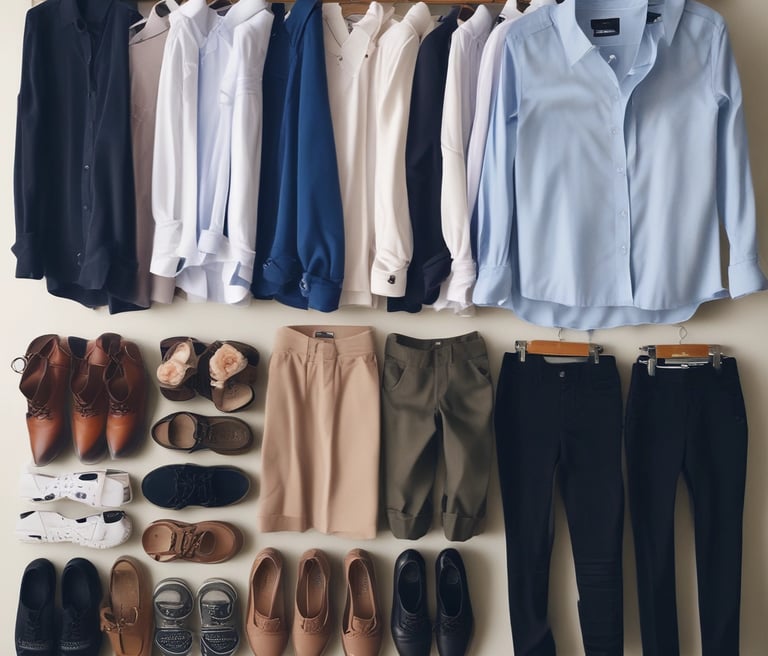 A vibrant display of Zaviona's latest collection featuring colorful shirts and elegant ladies' outfits on diverse models.