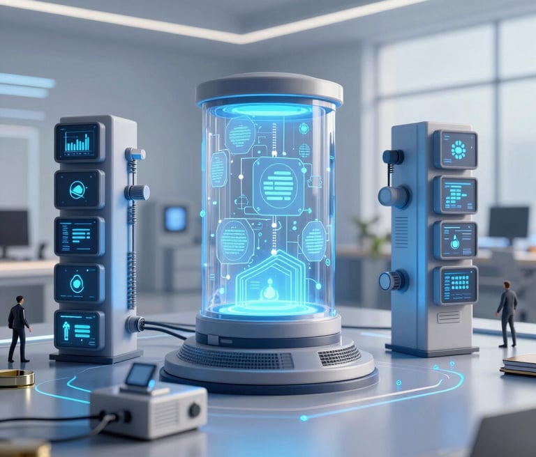 A friendly team collaborating over laptops in a bright, modern office space.