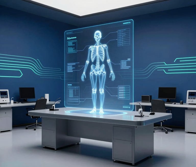 Futuristic lab environment blending human anatomy visuals with advanced assistive technology devices.