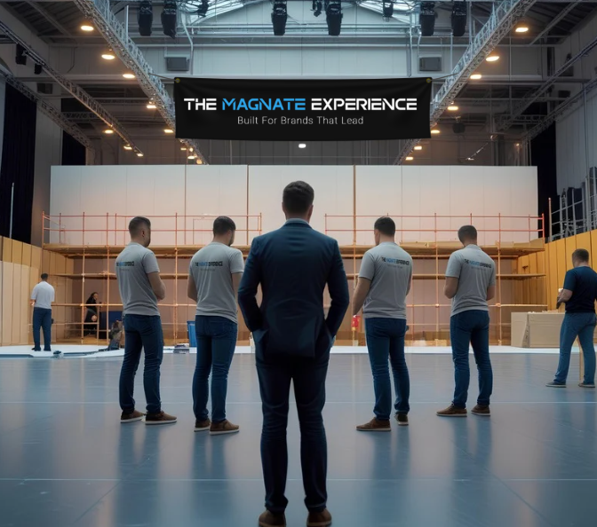 The Magnate Experience event planning team supervising an exhibition booth construction in a large warehouse.