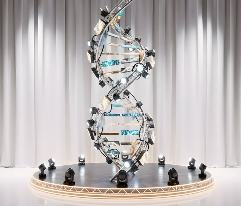 A DNA double helix sculpture made of stage trusses and studio lights on a circular platform with white curtains.