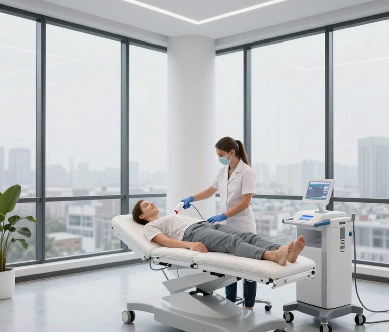 A warm, inviting treatment room bathed in soft deep blue light, showcasing advanced Invisa-Red™ laser equipment.