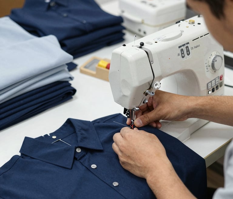 A skilled tailor carefully stitching a men's shirt in a bright, modern factory setting.
