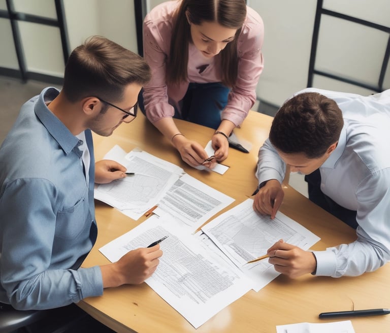 Professional engineers collaborating over mechanical design plans in an office setting.